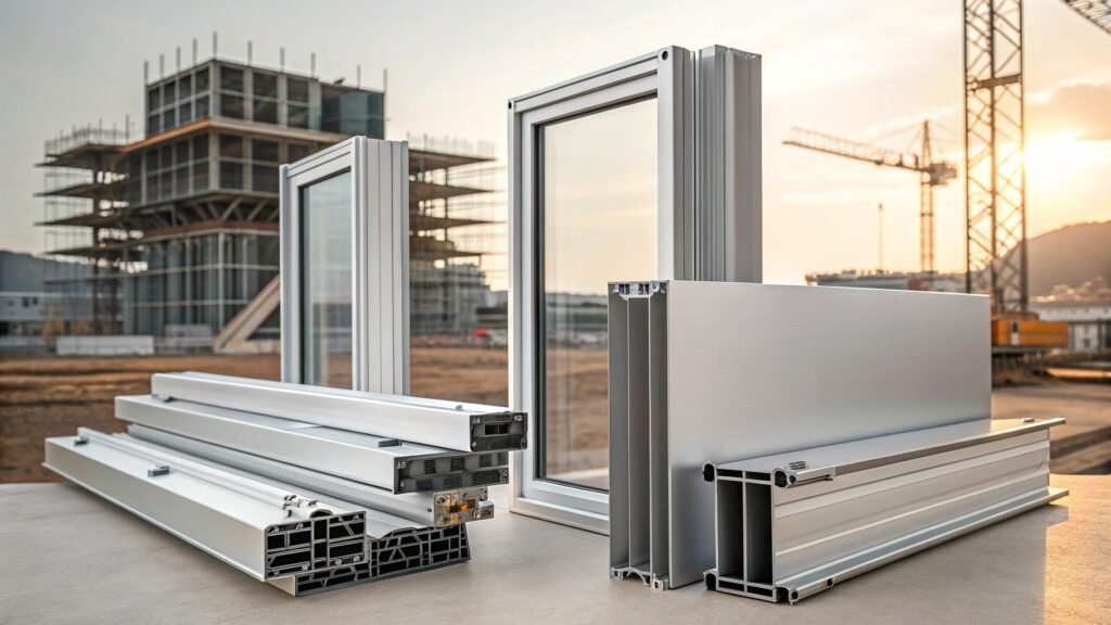 An image showcasing a modern building with extensive use of aluminum in its facade, windows, and structural elements, highlighting its architectural versatility and aesthetic appeal.